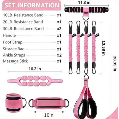 Pedal Resistance Band with Handle, 4 Fabric Covered Tubes 10-90 lbs Exercise Bands with Ankle Straps, Includes Massage Roller & Carry Bag, Full Body Home Gym Workout Equipment for Women and Men