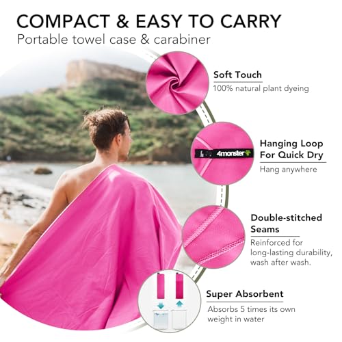 4Monster Quick Dry Travel Towel with Case & Carabiner – Super Absorbent Microfiber Gym & Camping Towel. Compact, Lightweight, Fast Drying for Beach, Swimming, Hiking, Backpacking