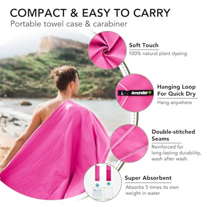 4Monster Quick Dry Travel Towel with Case & Carabiner – Super Absorbent Microfiber Gym & Camping Towel. Compact, Lightweight, Fast Drying for Beach, Swimming, Hiking, Backpacking