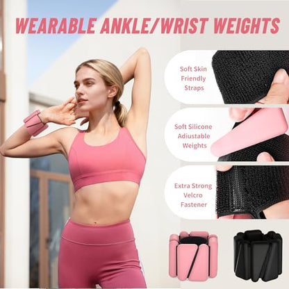 Ankle Weights 2 lb Set for Women & Men - Adjustable Wrist/Leg Weights with Soft Neoprene & Metal D-Ring, Sweat-Proof for Walking Running Pilates HIIT At Home Workout - color: Pink