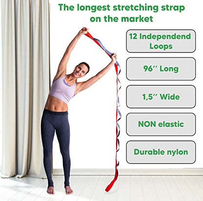 Stretching Strap for Yoga, Flexibility, Rehabilitation - 2 Free Exercise Ebooks - Get Flexible with 12-Loop Stretch Band for Rehab, Recommended by Physical Therapists and Trainers
