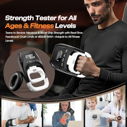 Grip Strength Tester & Trainer 2-in-1 Combo Set-Digital Hand Dynamometer with LCD Display, Max 400lb/180kg Capacity, Resistance Ring with Ergonomic Design for Sports, Gym, Home & Rehab