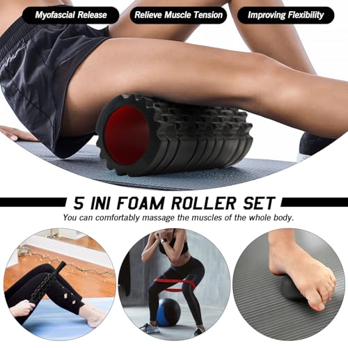 JOYENERGY 5 in 1 Foam Roller Set High Density Foam Roller Patented, Massage Stick, Massage Ball, Resistance Band for Deep Muscle Massage Pilates Yoga, Fitness for Trigger Point Release