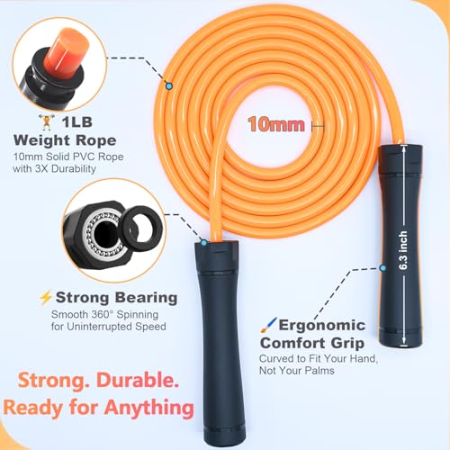 Weighted Jump Rope, 1LB Tangle-Free Ball Bearing Rapid Speed Skipping Rope for Men Women, Adjustable 9mm Cotton & PVC Rope with Alum Handle for Boxing MMA Weight-Loss Athletic Workout Fitness