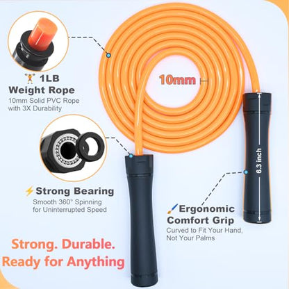 Weighted Jump Rope, 1LB Tangle-Free Ball Bearing Rapid Speed Skipping Rope for Men Women, Adjustable 9mm Cotton & PVC Rope with Alum Handle for Boxing MMA Weight-Loss Athletic Workout Fitness