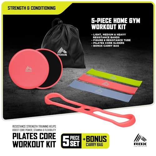 RBX 5 Piece Home Gym Workout Kit - Light, Medium, Heavy Resistance Bands, Figure 8 Resistance Tube, Pilates Core Sliders & Carry Bag