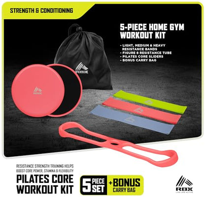 RBX 5 Piece Home Gym Workout Kit - Light, Medium, Heavy Resistance Bands, Figure 8 Resistance Tube, Pilates Core Sliders & Carry Bag