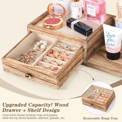 Jewelry Organizer Hanging Wall Mounted Jewelry Holder with Rustic Wood Drawer & Large Capacity Storage Shelf Rack Display for Earrings Rings Necklaces Bracelet - color: Carbonized Black