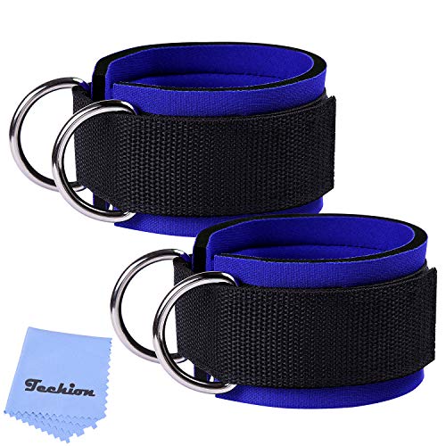 1 Pair of Fitness Ankle Straps for Cable Machine - Double D-Ring, Adjustable Comfort fit Neoprene - for Men and Women - color: Blue