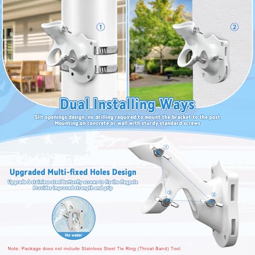 Flag Pole Brackets for House, REERON 2-Positions Metal 1" Flagpole Holder Mounts, Aluminium Rustproof Outside Flag Pole Wall Porch Mounting Bracket with 3 Fixed Holes & Steel Hardwares (White-2 Pack)