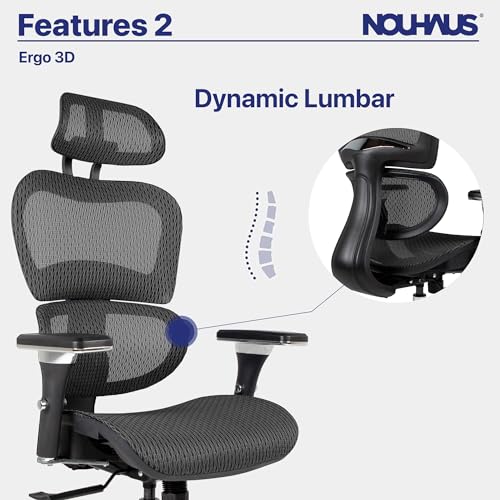 Nouhaus Ergo3D Ergonomic Office Chair Lumbar Support Mesh Office Chair with 4D Adjustable Armrest, Adjustable Headrest and Wheels, Mesh High Back Home Office Desk Chairs(Black) - color: Black