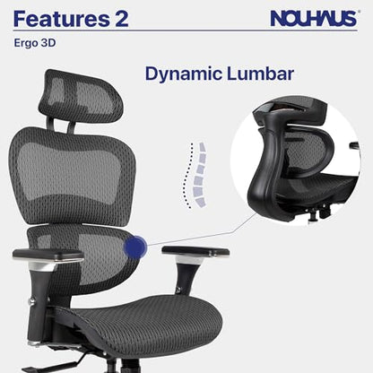 Nouhaus Ergo3D Ergonomic Office Chair Lumbar Support Mesh Office Chair with 4D Adjustable Armrest, Adjustable Headrest and Wheels, Mesh High Back Home Office Desk Chairs(Black) - color: Black