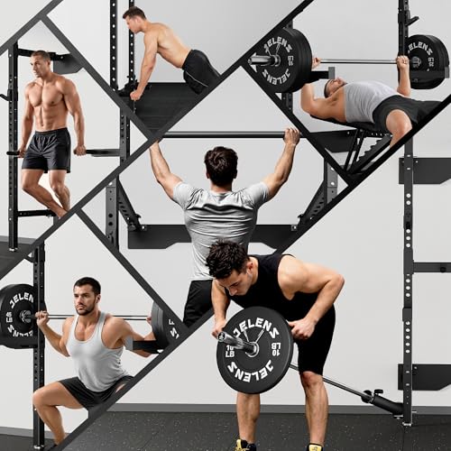 JELENS SF01 Folding Squat Rack, Wall Mounted Power Rack for Home Gym, Space Saving Multi-Functional Power Cage with More Attachments
