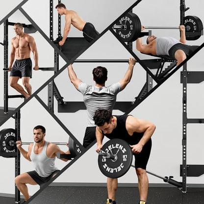 JELENS SF01 Folding Squat Rack, Wall Mounted Power Rack for Home Gym, Space Saving Multi-Functional Power Cage with More Attachments