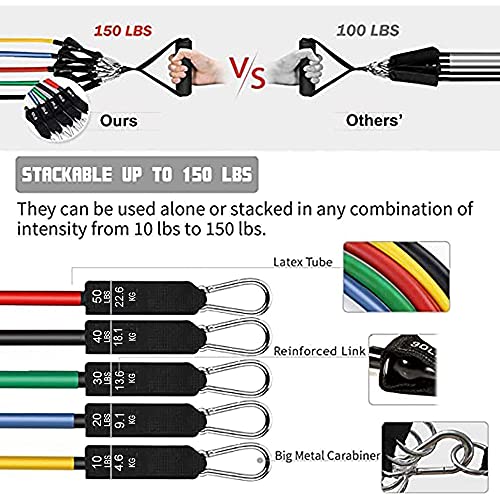 Resistance Bands Set (11 PCS) Portable Home Gym Accessories - Stackable Up to 150 lbs,Exercise with Door Anchor, Handles, Carry Bag, Legs Ankle Straps for Training, Workouts