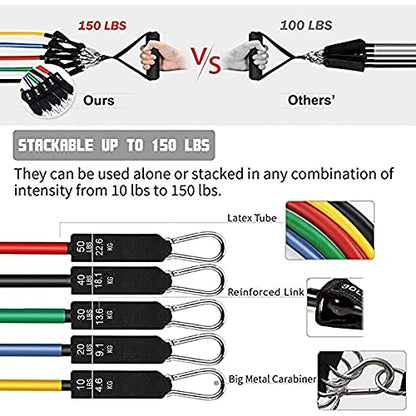 Resistance Bands Set (11 PCS) Portable Home Gym Accessories - Stackable Up to 150 lbs,Exercise with Door Anchor, Handles, Carry Bag, Legs Ankle Straps for Training, Workouts