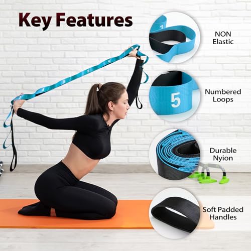 Stretching Strap with Loops for Physical Therapy,Yoga Strap for Stretching,Home Workout,Pilate & Flexibility Training,Non-Elastic Exercise Stretch Band for Hamstring,Leg Stretcher Belt,Flexibility Fascia