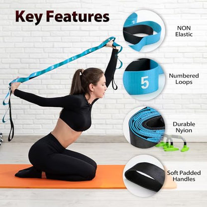 Stretching Strap with Loops for Physical Therapy,Yoga Strap for Stretching,Home Workout,Pilate & Flexibility Training,Non-Elastic Exercise Stretch Band for Hamstring,Leg Stretcher Belt,Flexibility Fascia
