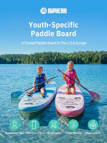 Niphean (Extra Large) Inflatable Paddle Board, SUP for 2+1 People/Family 500lbs Capacity Stand Up Paddle Board with SUP Accessories, StabilTrac Fin Non-Slip Paddleboard for Adults - color: Cyan Blue