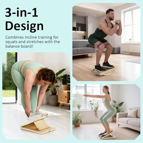 MPortable Wooden Slant & Balance Board for Calf Stretch, Squats, Pilates & Therapy. Multi-angle adjustable, anti-slip, ergonomic design. 350LBS capacity for legs, knees & core training.