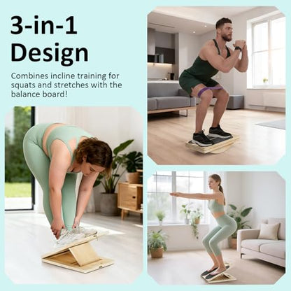 MPortable Wooden Slant & Balance Board for Calf Stretch, Squats, Pilates & Therapy. Multi-angle adjustable, anti-slip, ergonomic design. 350LBS capacity for legs, knees & core training.