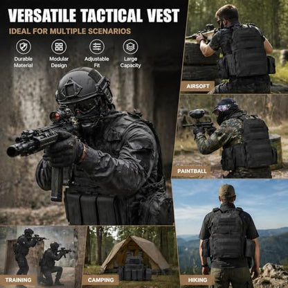 Tactical Vest for Airsoft & Paintball, Adjustable MOLLE Plate Carrier with Patch Panels for Hunting & Outdoor Training - color: Black