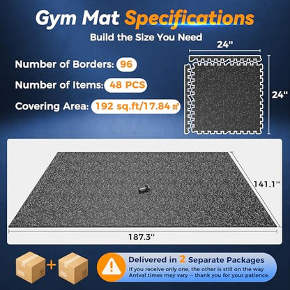 SUPERJARE 1" Extra-Thick Rubber Top Exercise Mat, Gym Flooring for Home Gym - size: 48 Tiles (192 Sq Ft)