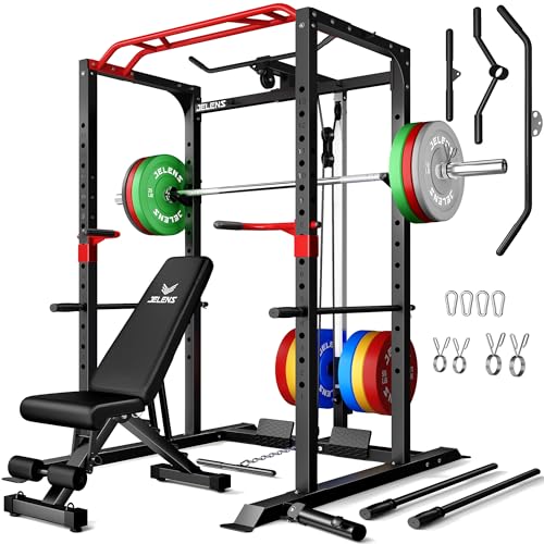 S11 Power Cage, 2000LB Multi-Function Power Rack with LAT Pulldown, Squat Rack with Adjustable Pulley System and Training Attachments, Weight Rack for Home Gym - style: 370LB Colored Weights Package