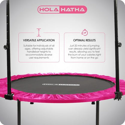 Foldable Mini Trampoline Fitness Rebounder for Home Gym Workouts – with 5-Level Adjustable Handle, Heavy-Duty Steel Frame, Portable Design, and Supports up to 440 Pounds