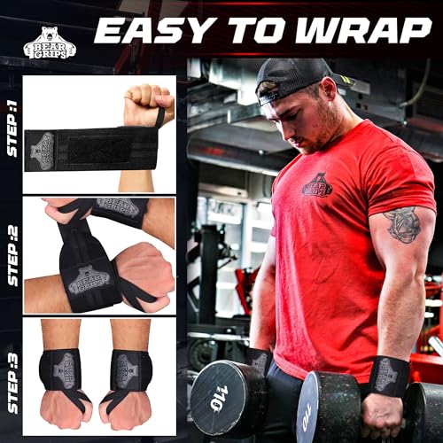 Bear Grips Wrist Wraps for Weightlifting | Weight Lifting Wrist Straps for Weightlifting | Extra Strength Gym Wrist Wraps | Two Wrist Wrap Per Pack | 12” & 18” | Lifting Wrist Wraps for Men & Women - color: Standard Strength: Black