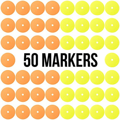 Crown Sporting Goods 6" Non-Skid Floor Spot Markers: Set of 50 Agility Training Flat Field Cones in Fluorescent Yellow & Orange with Metal Carrying Stand