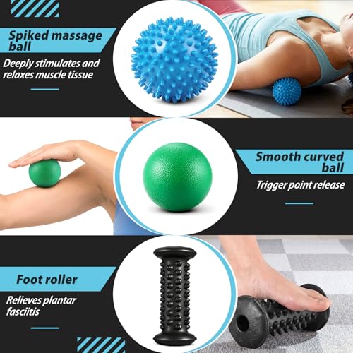 5 Pcs Massage Ball and Foot Roller Set, 3-in-1 Set with Spiky Ball Lacrosse Balls Massage Roller Carrying Bag, Foot Massager for Plantar Fasciitis Relief Muscle Pain