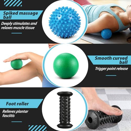 5 Pcs Massage Ball and Foot Roller Set, 3-in-1 Set with Spiky Ball Lacrosse Balls Massage Roller Carrying Bag, Foot Massager for Plantar Fasciitis Relief Muscle Pain
