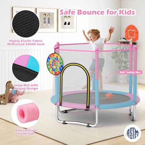 GYMAX Trampoline for Kids, 60” Toddler Rebounder with Basketball Hoop & Dart Board, All-Round Enclosure Net,Mini Indoor Kids Trampoline for Boys & Girls