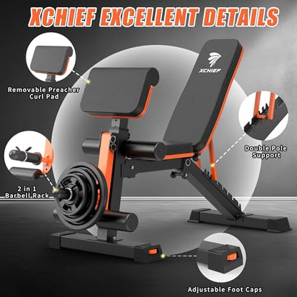 Adjustable Weight Bench - 1000LBS Capacity Heavy Duty Foldable Workout Bench for Full Body Exercise, Flat/Incline/Decline, Bench Press for Home Gym with Preacher Pad & Leg Extension