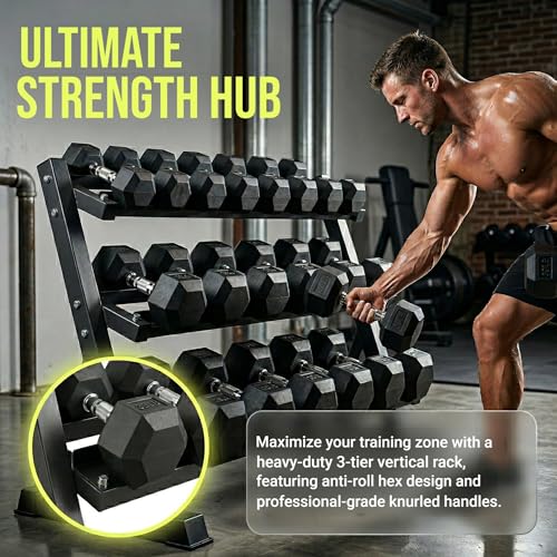Rubber Coated Dumbbells with Storage Rack 350/450/550 LBS - Free Weights Dumbbell Set for Home Gym Equipment Exercise & Fitness Dumbbells for Strength Training