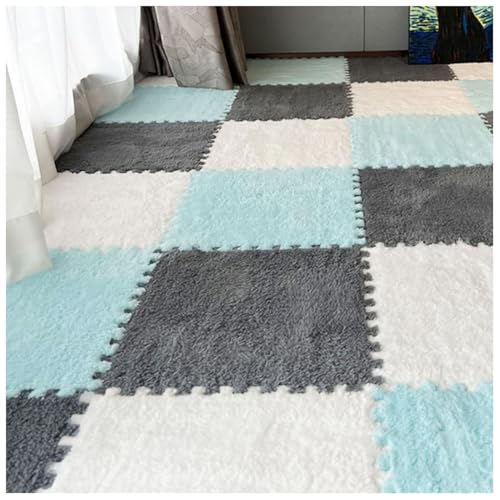 14 Pcs Carpet Puzzle Mats for Floor,Plush Carpet Tiles Interlocking Floor Mats,Fluffy Thick Foam Floor Tiles Puzzle Rug for Playroom,Classroom,Gym,Basement,White+Blue+Gray - color: White+blue+gray