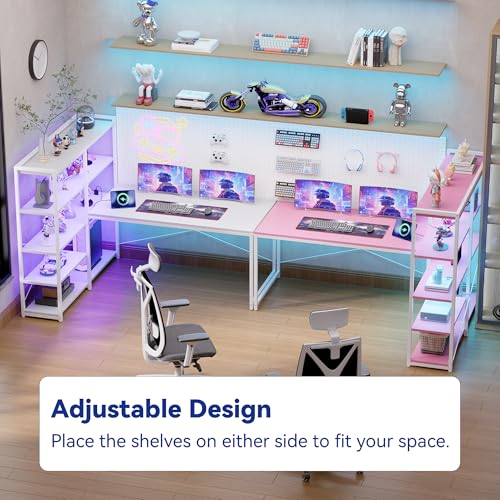 Pamray 49 Inch L Shaped Gaming Computer Desk with Shelves and Storage - color: Pink