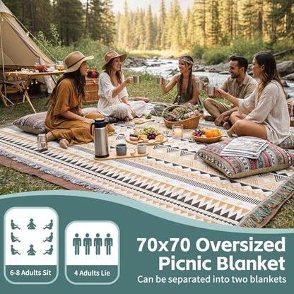 2 in 1 Extra Large Boho Beach Blanket Towel Giant Woven Outdoor Rug Picnic Mat Camping Gear Cruise Essential 2026 Summer Vacation Must Have Airplane Travel Accessories Costa Rica Hawaii Trip Stuff - color: Boho Brown