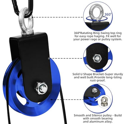 LFJ Aluminum Alloy Cable Pulley with Swing Strap Carabiner, 90mm Pulley Wheel for LAT Pulley System DIY Pull Down Attachment,Ladder Lift,Home Gym Equipment - color: Blue-2Pack