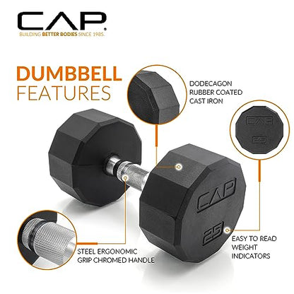 CAP Rubber Coated Dumbbell Weight Set with Vertical Rack | 100 lb, 150 lb, and 210 lb Options - size: 150 lb - Set, style: 12-Sided Chrome Handle