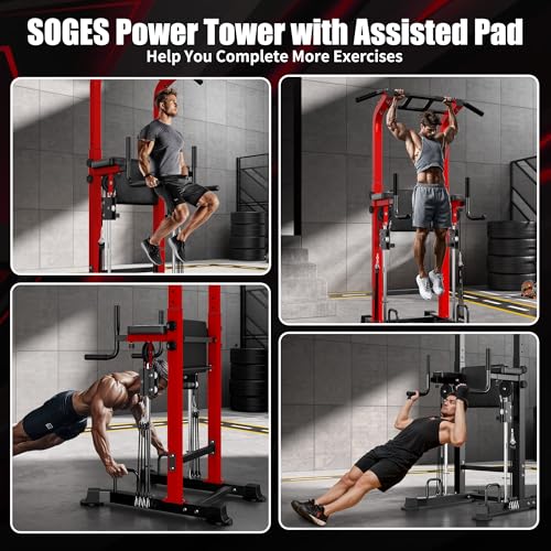 soges Power Tower Dip Station with Assisted Pad, Height Adjustable Pull Up Bar Station Free Standing for Home Gym, Multi-Function Strength Training Full Body Workout Equipment, Red