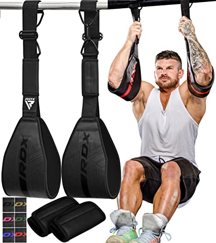 RDX AB Straps for Pull Up Bar Hanging (Pair), Maya Hide Leather, Abdominal Muscle Building Padded Arm Support Slings with D-Ring Strap, Leg Raise Exercise Fitness Workout Strength Training, Men Women - color: Black