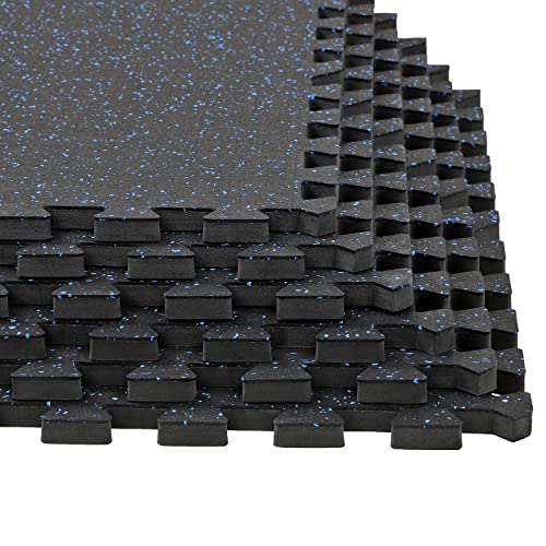 1/2" Thick 48 sq ft (12 Tiles) Interlocking Rubber Top EVA Foam Exercise Mat | Home Gym Mats Workout Flooring Tiles for Gyms, Fitness Rooms | Durable Grip Protective Flooring, Black/Blue