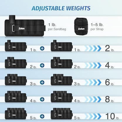 ZELUS 1 Pair Adjustable Ankle Weights, 2 4 6 8 10 lb Modularized Leg Weight Straps for Women Men, Weighted Ankle Weight Set with Removable Sandbags, 1-5 lb per Ankle Strap for Gym Yoga Jogging Walking