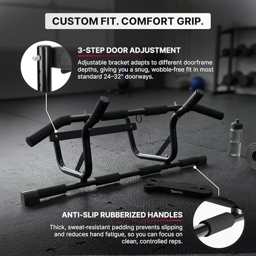 DMoose Fitness Pull Up Bar for Doorway - Upto 250 Lbs Capacity, No Screwing or Slipping, Hanging Pullup & Chin Up Bar for Door Frame - Multi Padded Grips for Strength Training with Installation Guide