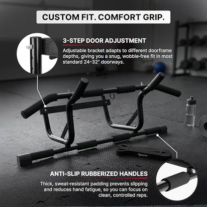 DMoose Fitness Pull Up Bar for Doorway - Upto 250 Lbs Capacity, No Screwing or Slipping, Hanging Pullup & Chin Up Bar for Door Frame - Multi Padded Grips for Strength Training with Installation Guide