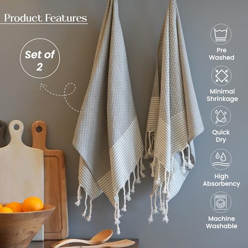 TFLC Turkish Cotton Kitchen & Bath Towels, Set of 2, 40x18”, Gray - color: Gray, size: 40x18" - Set of 2