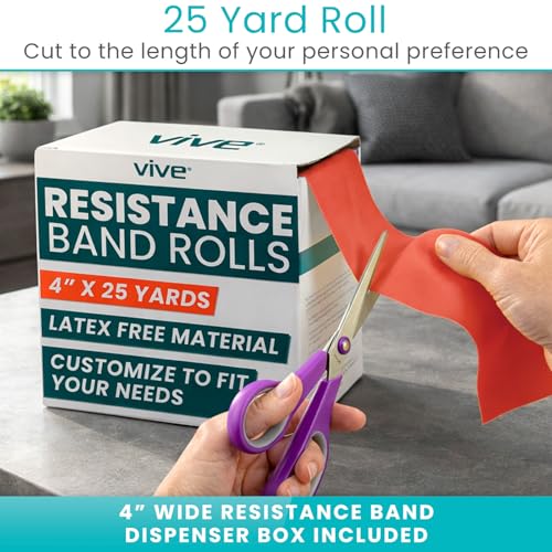 Vive Professional Resistance Bands - 25 Yard Non-Latex Roll for Physical Therapy, Lower and Upper Body Exercise Workout - Straight Elastic for Strength Training, Rehabilitation, Women, Men - color: Red