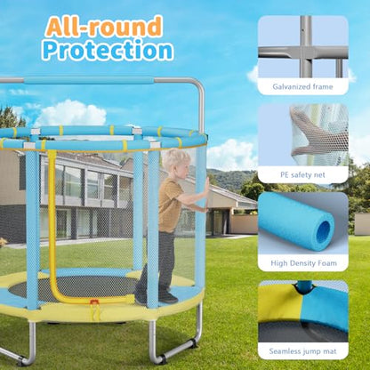 HomeCare 55" Trampoline for Kids, 440lbs Capacity ASTM-Approved Mini Toddler Trampoline with Safety Enclosure Net,4 in 1 Adjustable Gymnastics Bar & Toys, Indoor & Outdoor, Gifts for Boys & Girls Age